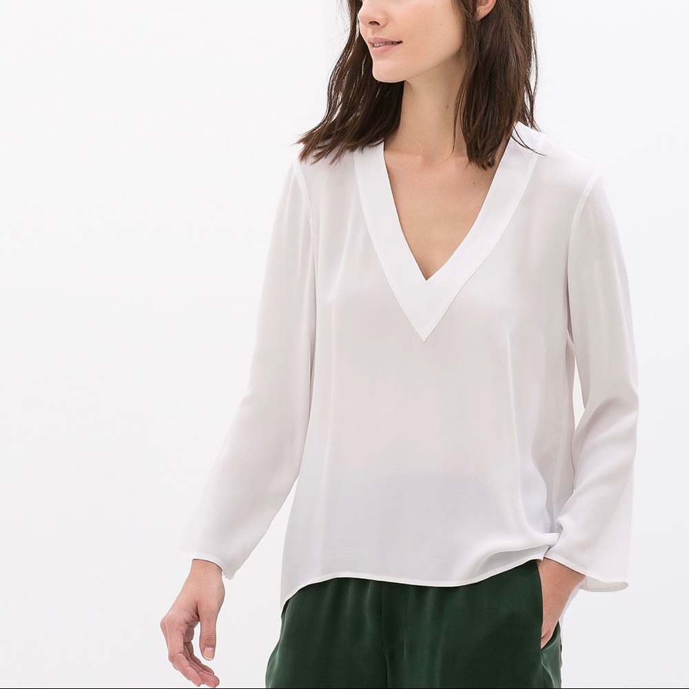 Zara | White Mesh V-Neck Long Sleeve Blouse